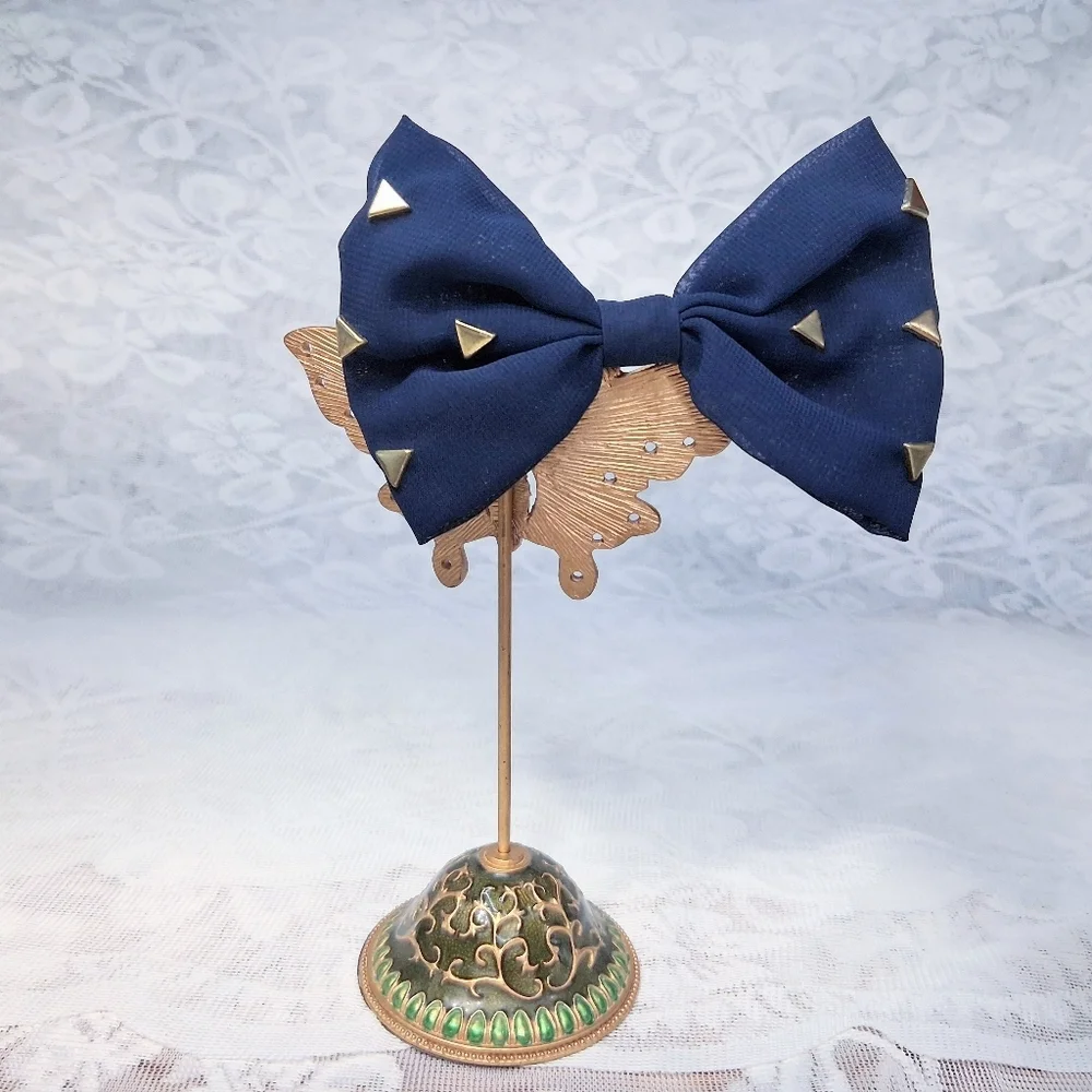 Fabric Bow Barrette French Clip Navy Blue With Brass Studs - Picture 4 of 11